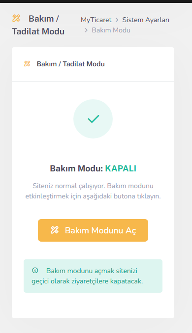 Bakım / tadilat modu ayarı — mobil