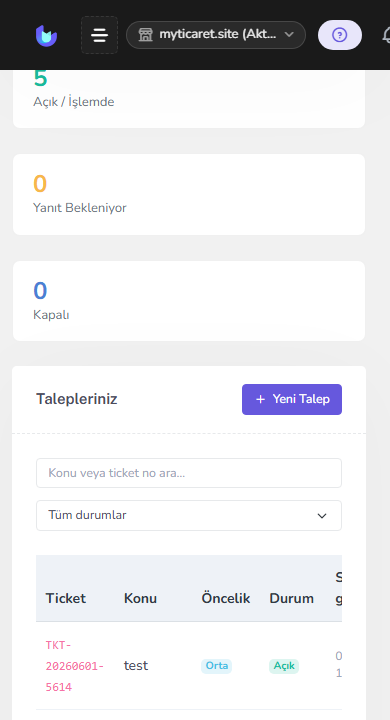 Destek talepleri ekranı — mobil