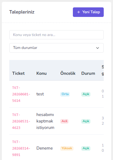 Destek talepleri listesi — mobil