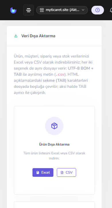 Dışa aktarma ekranı — mobil