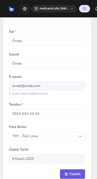 Profil / hesap ayarları — mobil