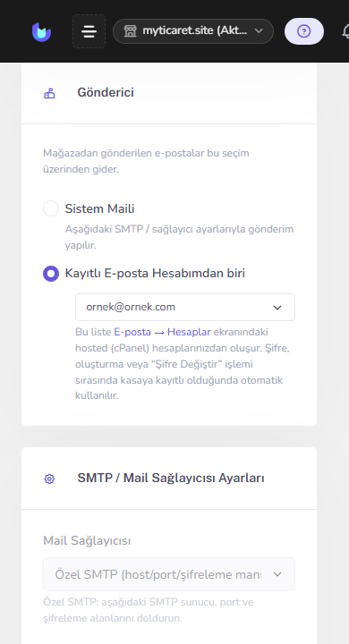 Mail (SMTP) ayarları — mobil