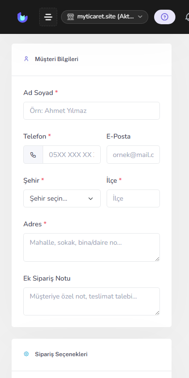 Yeni sipariş oluşturma — mobil