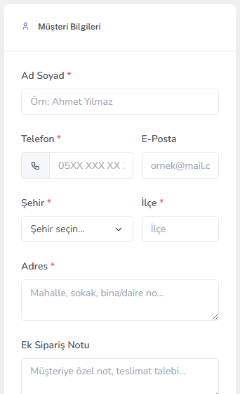 Manuel sipariş formu — mobil