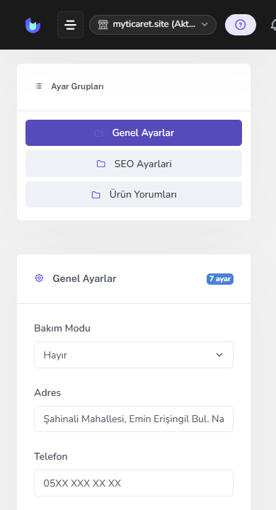 Mağaza / sistem ayarları (SEO) — mobil