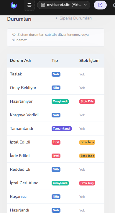 Adım 2 — Sipariş durumları ayarı — mobil