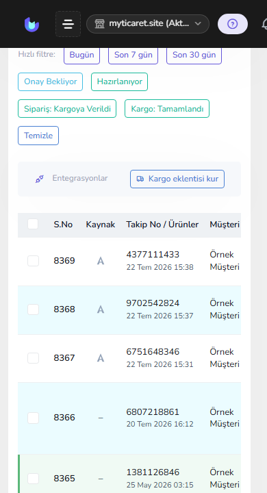 Siparişler — toplu işlem alanı — mobil
