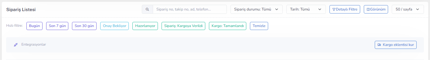 Siparişler — filtre / toplu alan — masaüstü