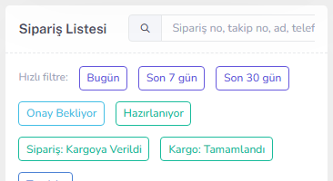 Siparişler — filtre / toplu alan — mobil