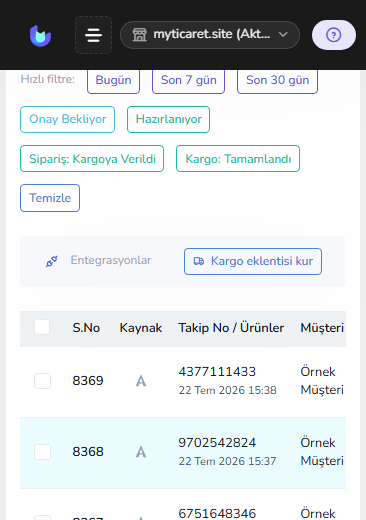 Sipariş tablosu — mobil