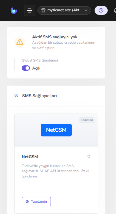 SMS entegrasyon ayarları — mobil
